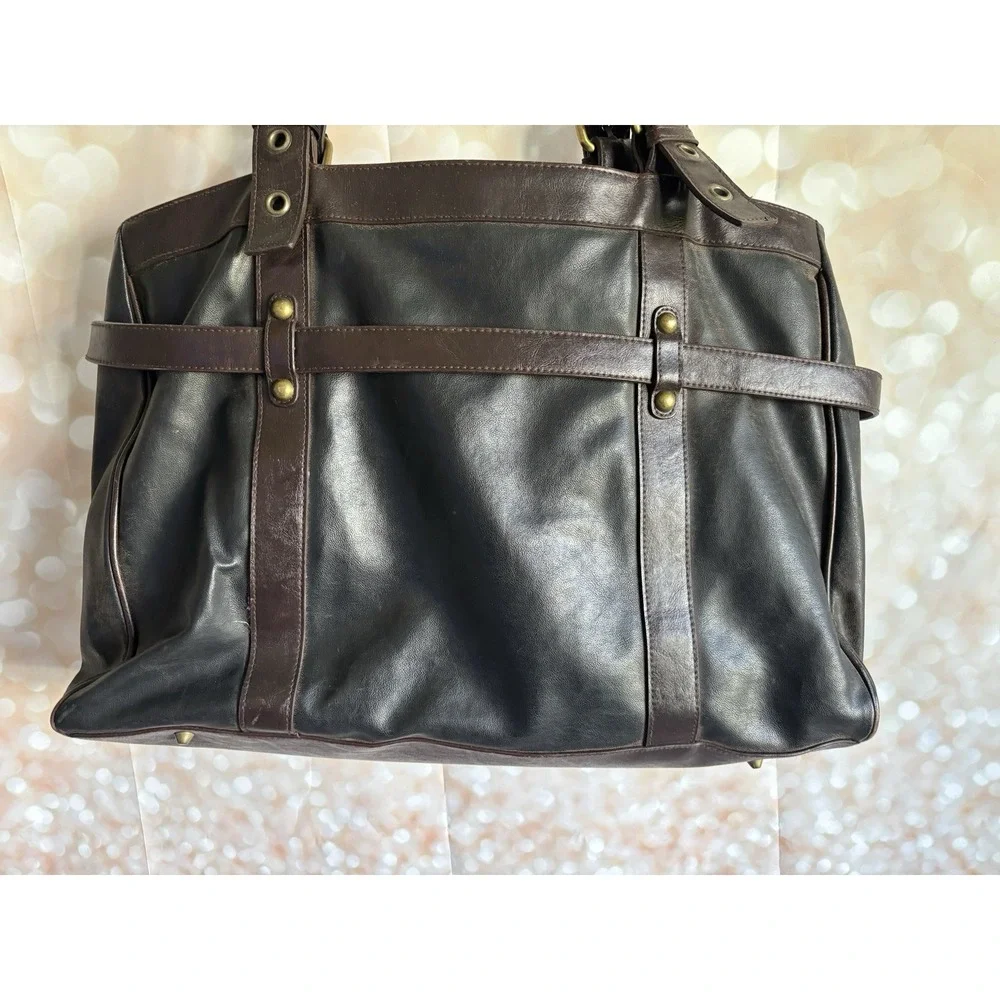 Bueno Black Brown‎ Distressed Vegan Leather Tote Bag Gold Turn Lock Satchel
